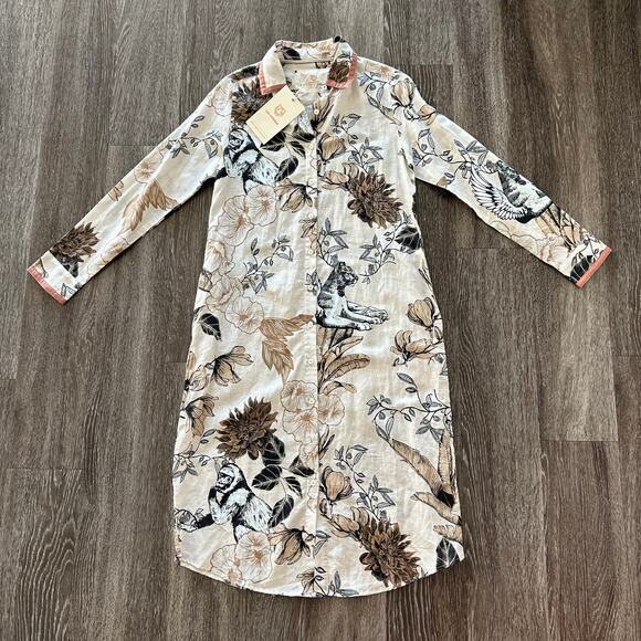 NWT Las Sureñas Clara Portrait Linen Shirt Dress Linen Cotton Animal Floral Sz S - Picture 2 of 16